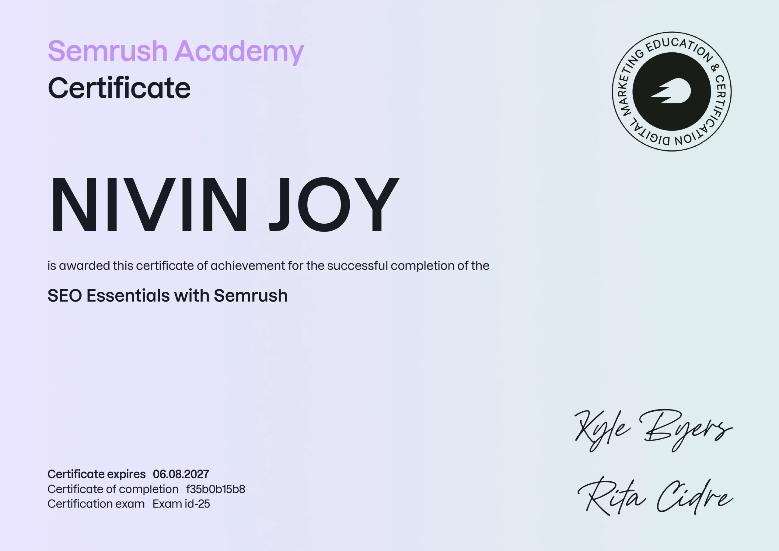 SEMRUSH CERTIFICATE